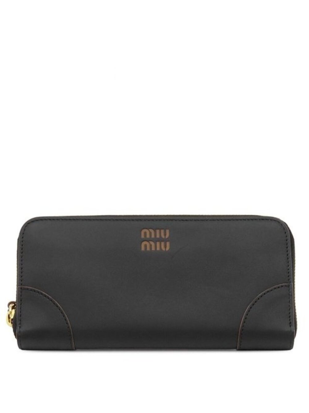 Miu Miu Wallet Logo Zip Around Calfskin Black Cognac Gold Brown Nero Round